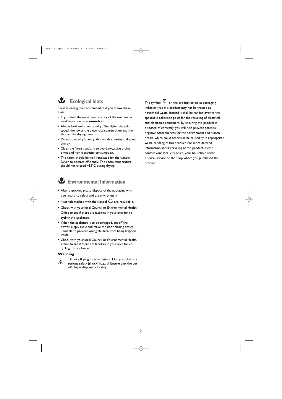 Ecological hints, Environmental information | John Lewis JLTDC06 User Manual | Page 3 / 22