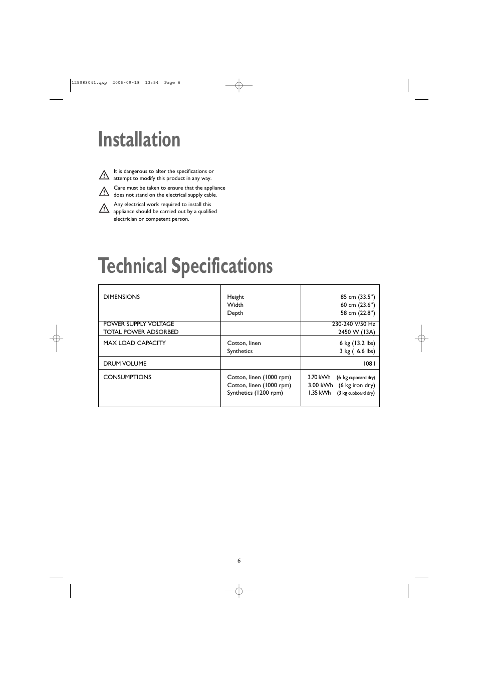 Technical specifications, Installation | John Lewis JLTDC06 User Manual | Page 6 / 22