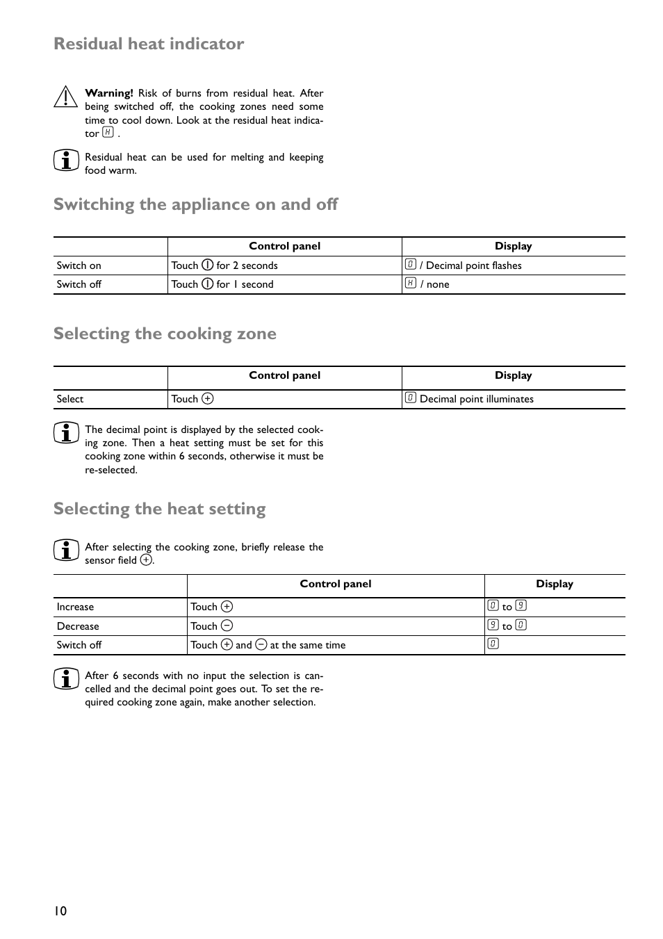 Residual heat indicator, Selecting the heat setting | John Lewis JLBICH602 User Manual | Page 10 / 20