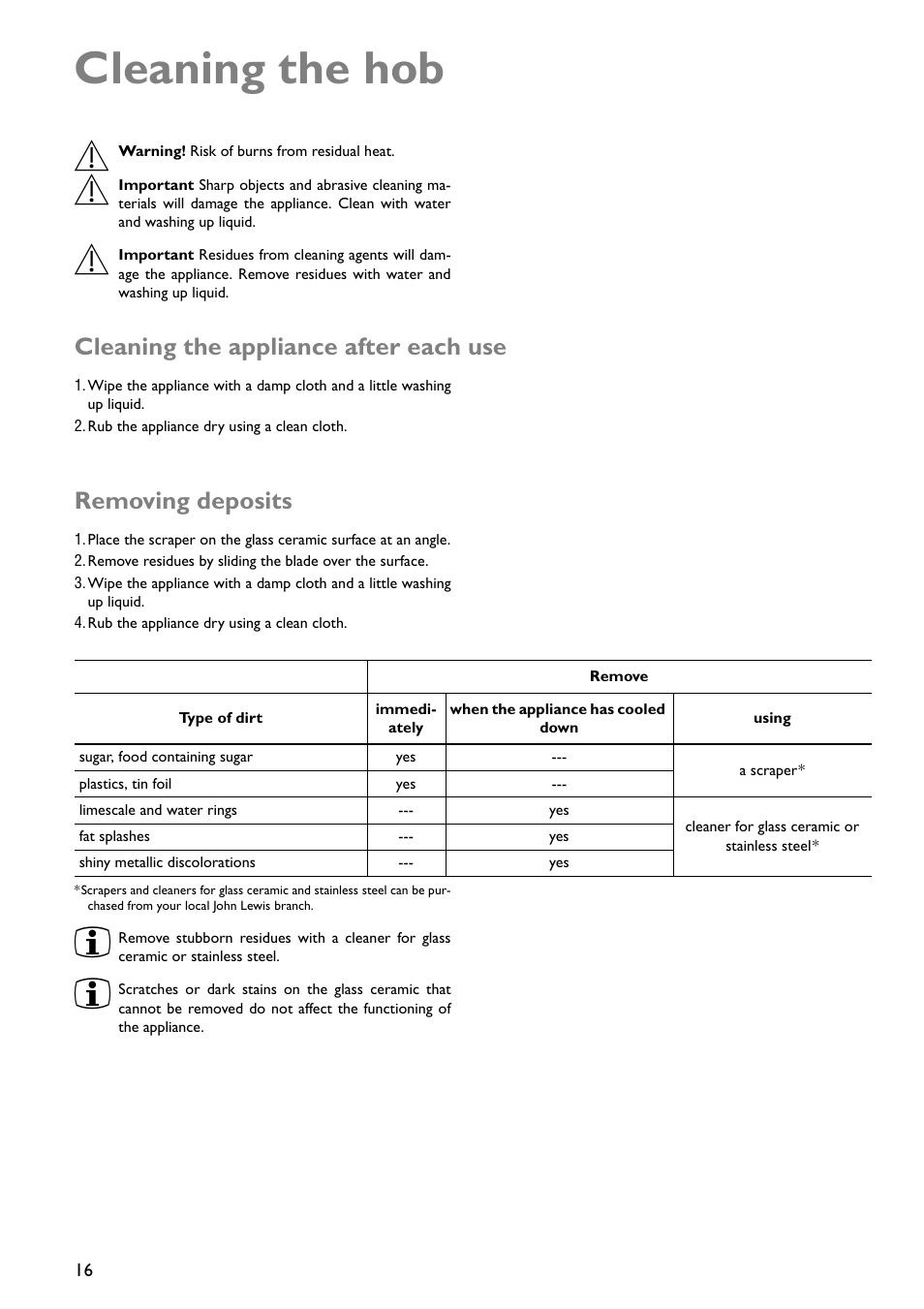Cleaning the hob, Cleaning the appliance after each use, Removing deposits | John Lewis JLBICH602 User Manual | Page 16 / 20