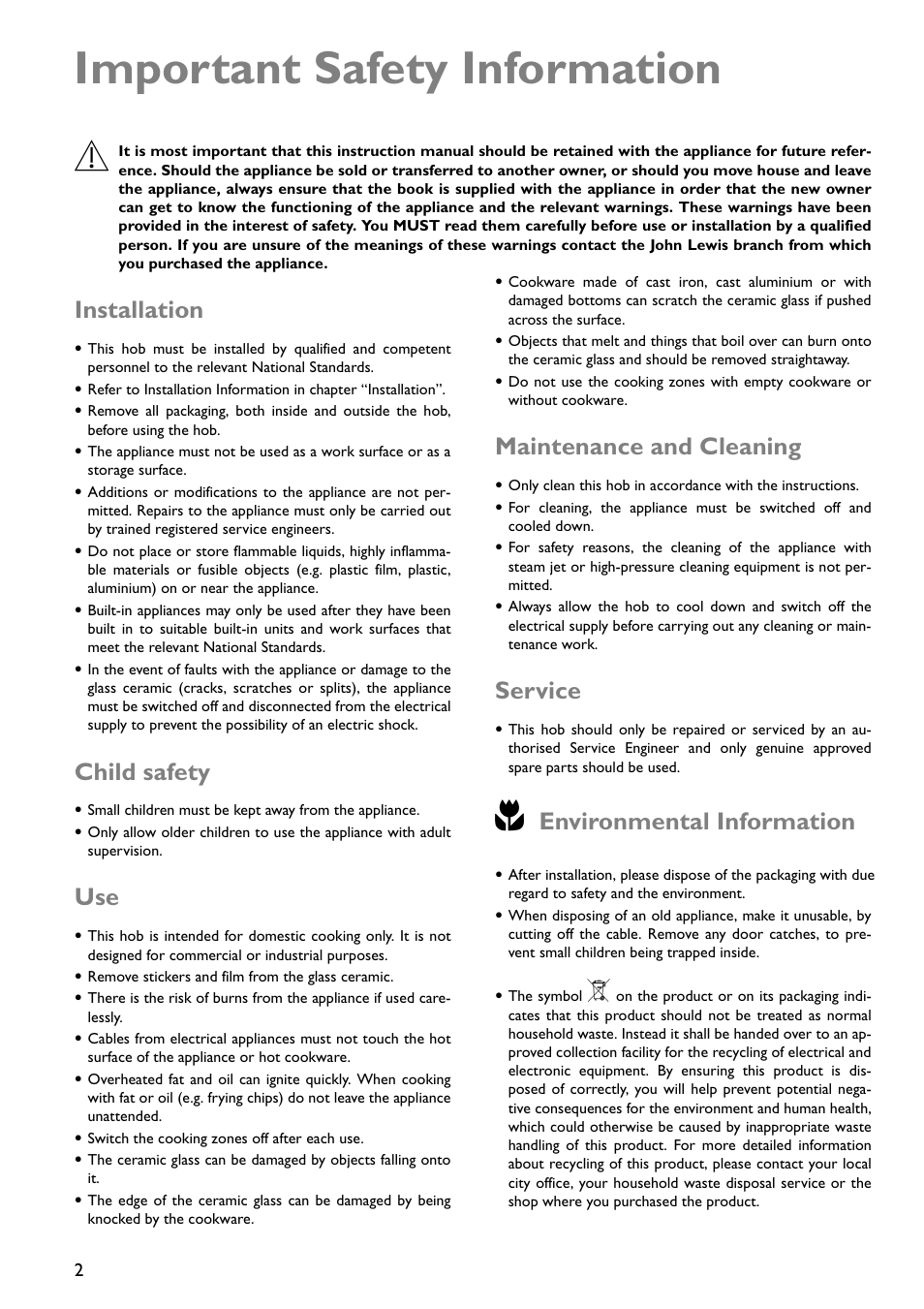 Important safety information, Installation, Child safety | Maintenance and cleaning, Service, Environmental information | John Lewis JLBICH602 User Manual | Page 2 / 20