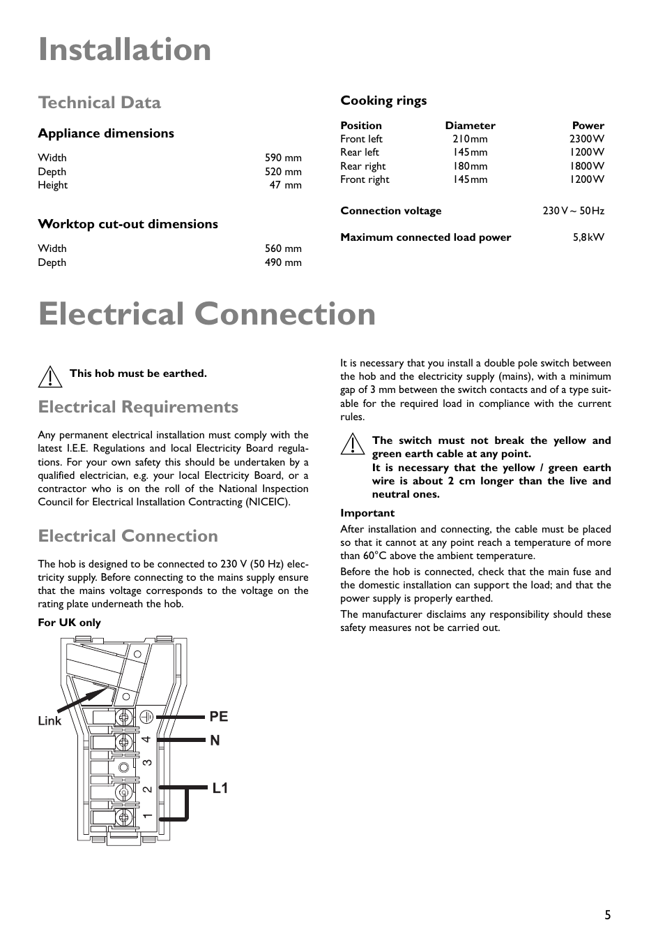 Installation, Electrical connection, Technical data | Electrical requirements | John Lewis JLBICH602 User Manual | Page 5 / 20