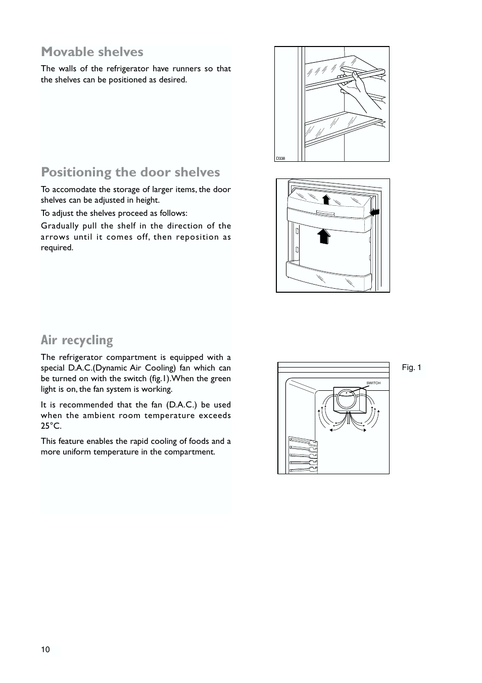 Movable shelves, Positioning the door shelves, Air recycling | John Lewis JLWFF1101 User Manual | Page 10 / 24