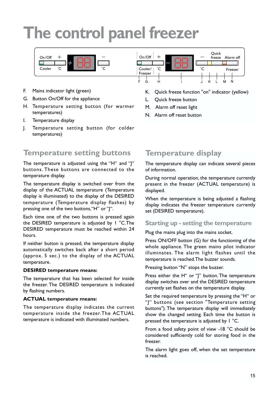 The control panel freezer, Temperature setting buttons, Temperature display | Starting up - setting the temperature | John Lewis JLWFF1101 User Manual | Page 15 / 24