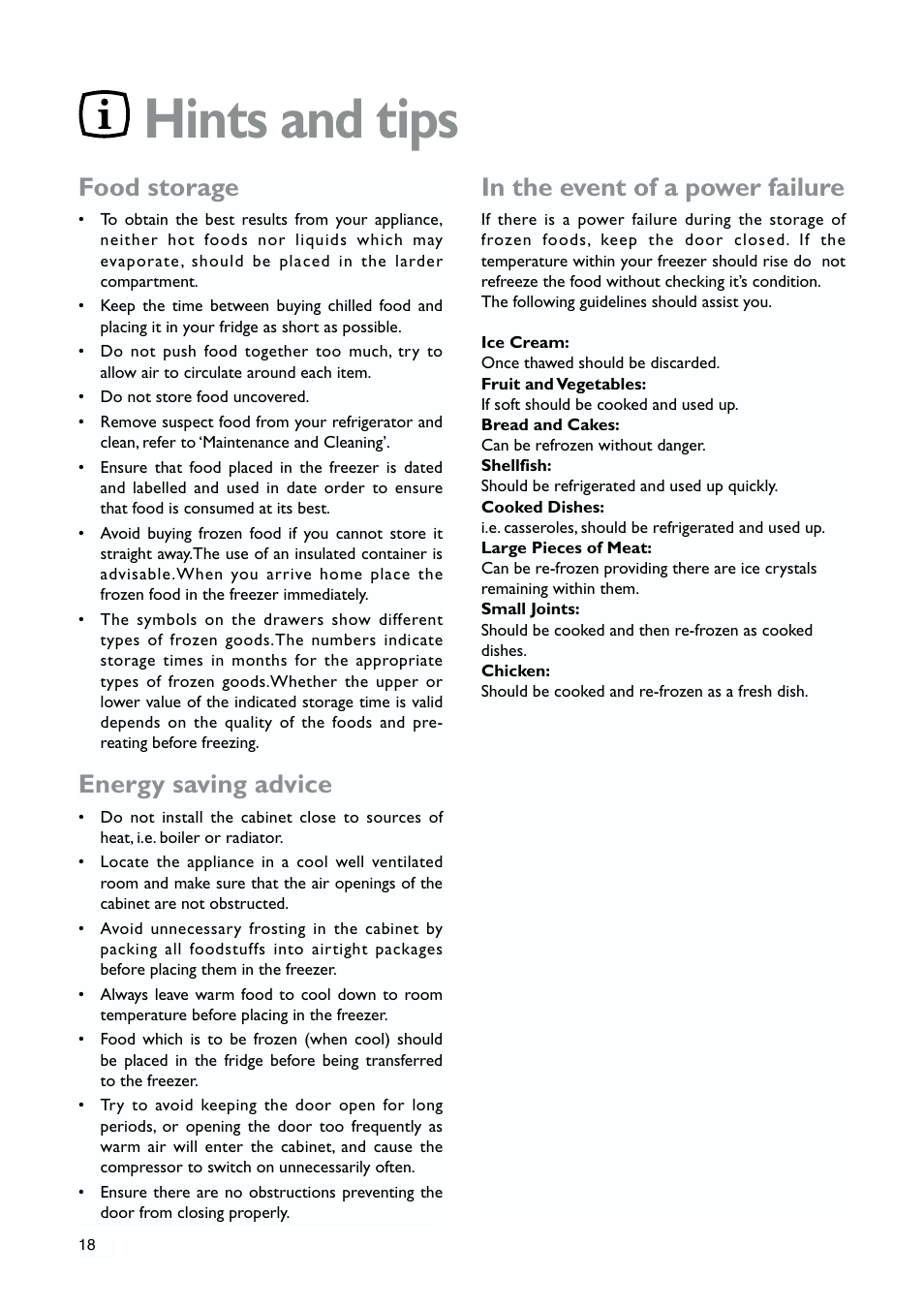 Hints and tips, Food storage, Energy saving advice | John Lewis JLWFF1101 User Manual | Page 18 / 24