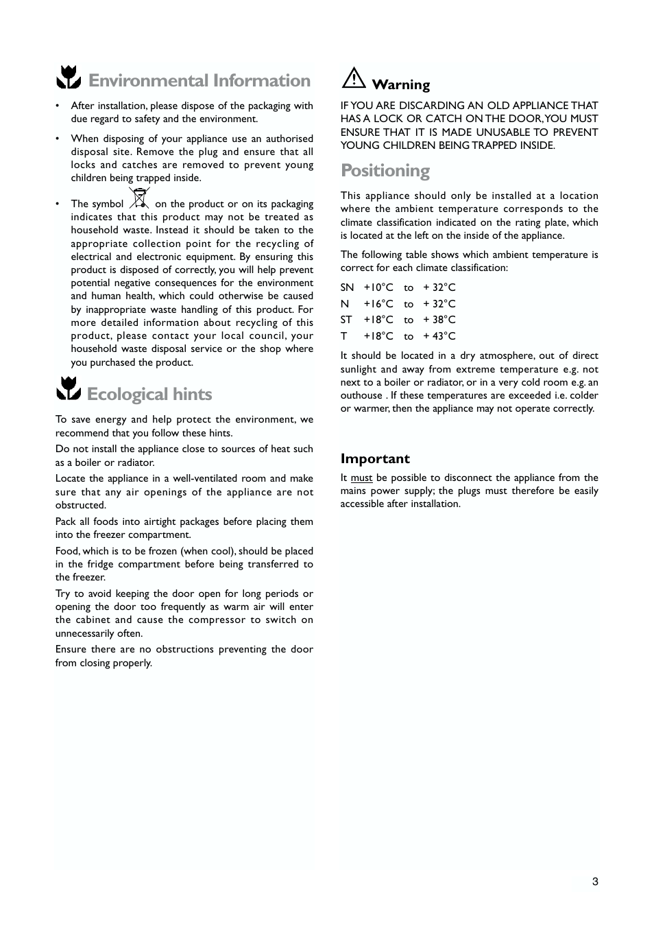 Environmental information, Ecological hints, Positioning | John Lewis JLWFF1101 User Manual | Page 3 / 24