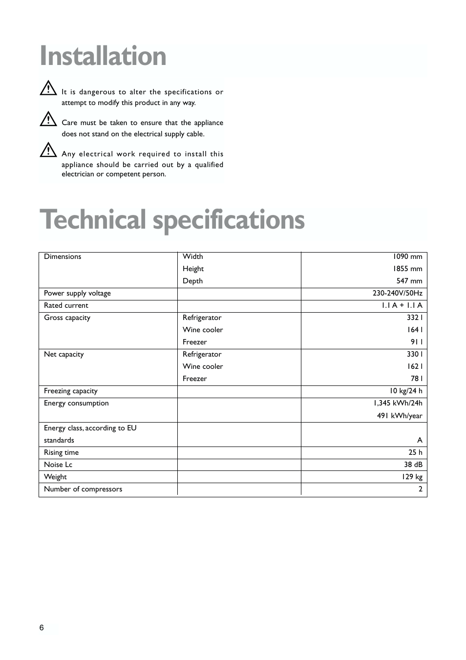 Installation, Technical specifications | John Lewis JLWFF1101 User Manual | Page 6 / 24