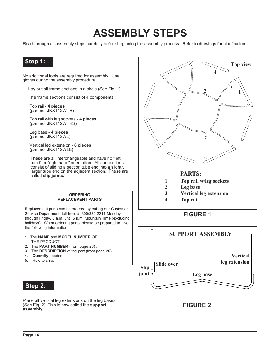 Assembly steps, Step 1: step 2, Top view | Figure 1, Support assembly figure 2, Parts | Jumpking backyard JKXT12W User Manual | Page 16 / 28