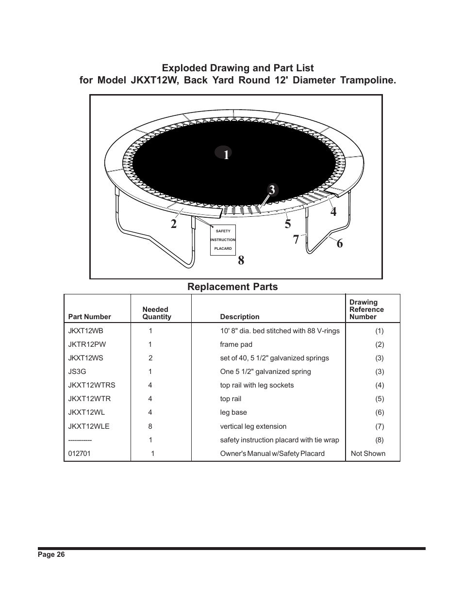 Replacement parts | Jumpking backyard JKXT12W User Manual | Page 26 / 28