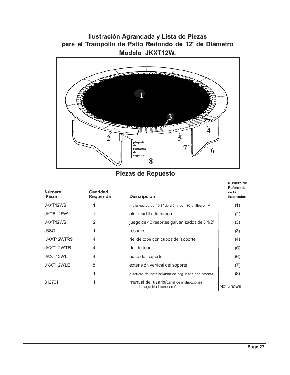 Piezas de repuesto | Jumpking backyard JKXT12W User Manual | Page 27 / 28