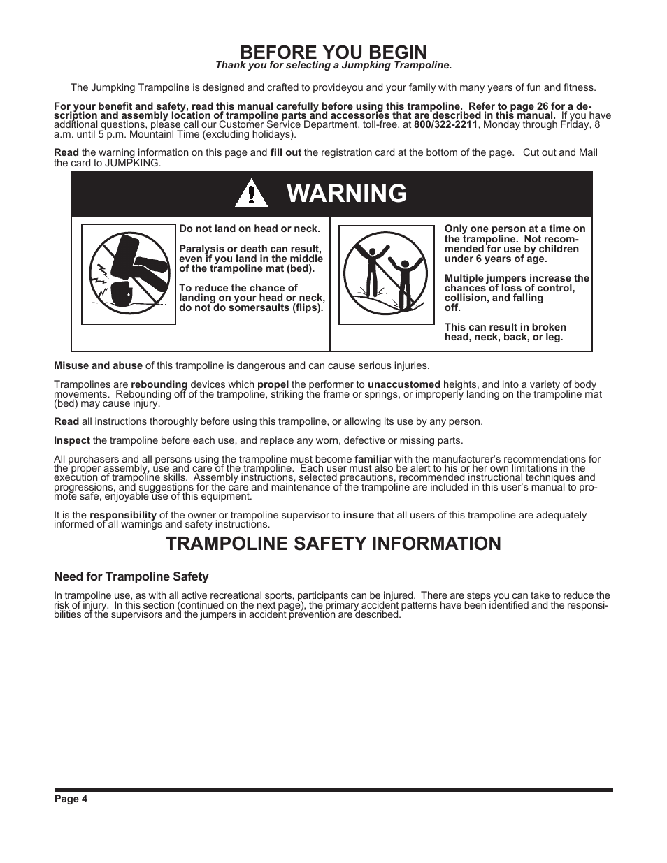 Warning, Before you begin, Trampoline safety information | Jumpking backyard JKXT12W User Manual | Page 4 / 28