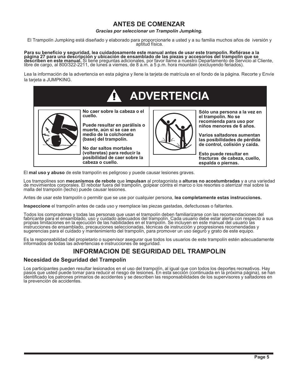 Advertencia, Informacion de seguridad del trampolin, Antes de comenzar | Jumpking backyard JKXT12W User Manual | Page 5 / 28