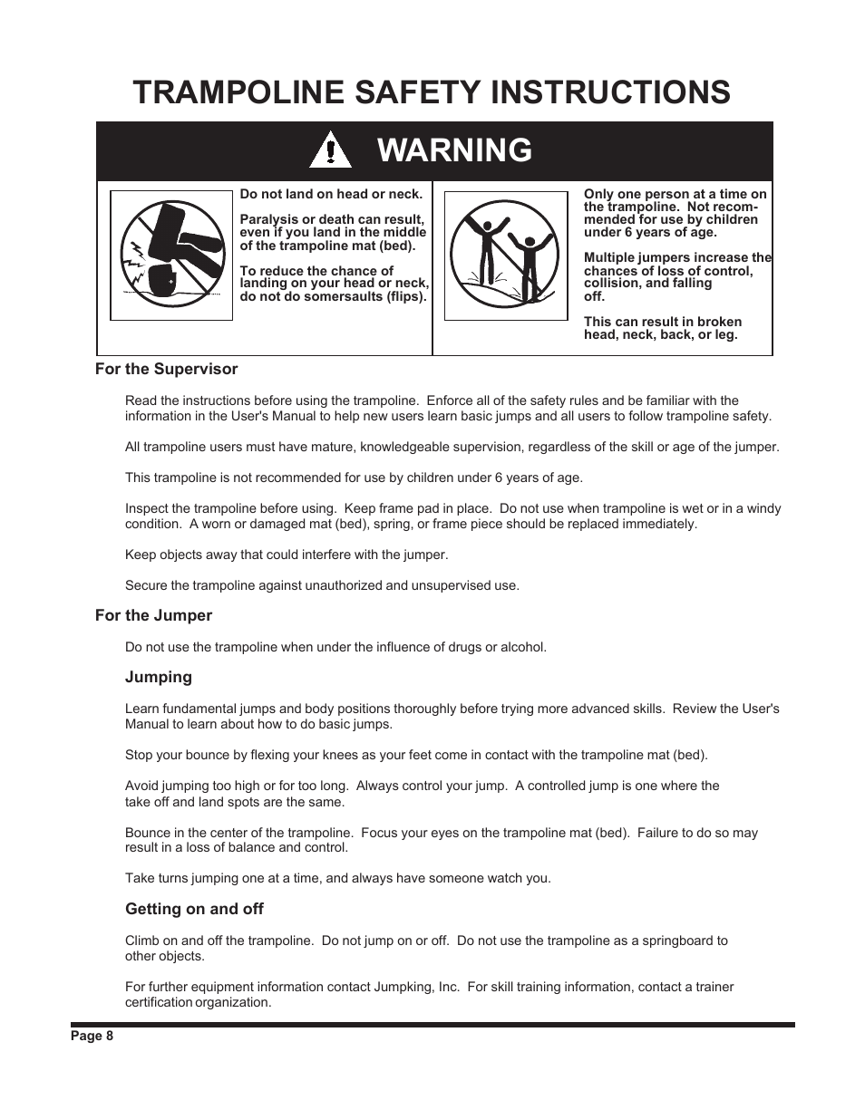 Trampoline safety instructions warning | Jumpking backyard JKXT12W User Manual | Page 8 / 28