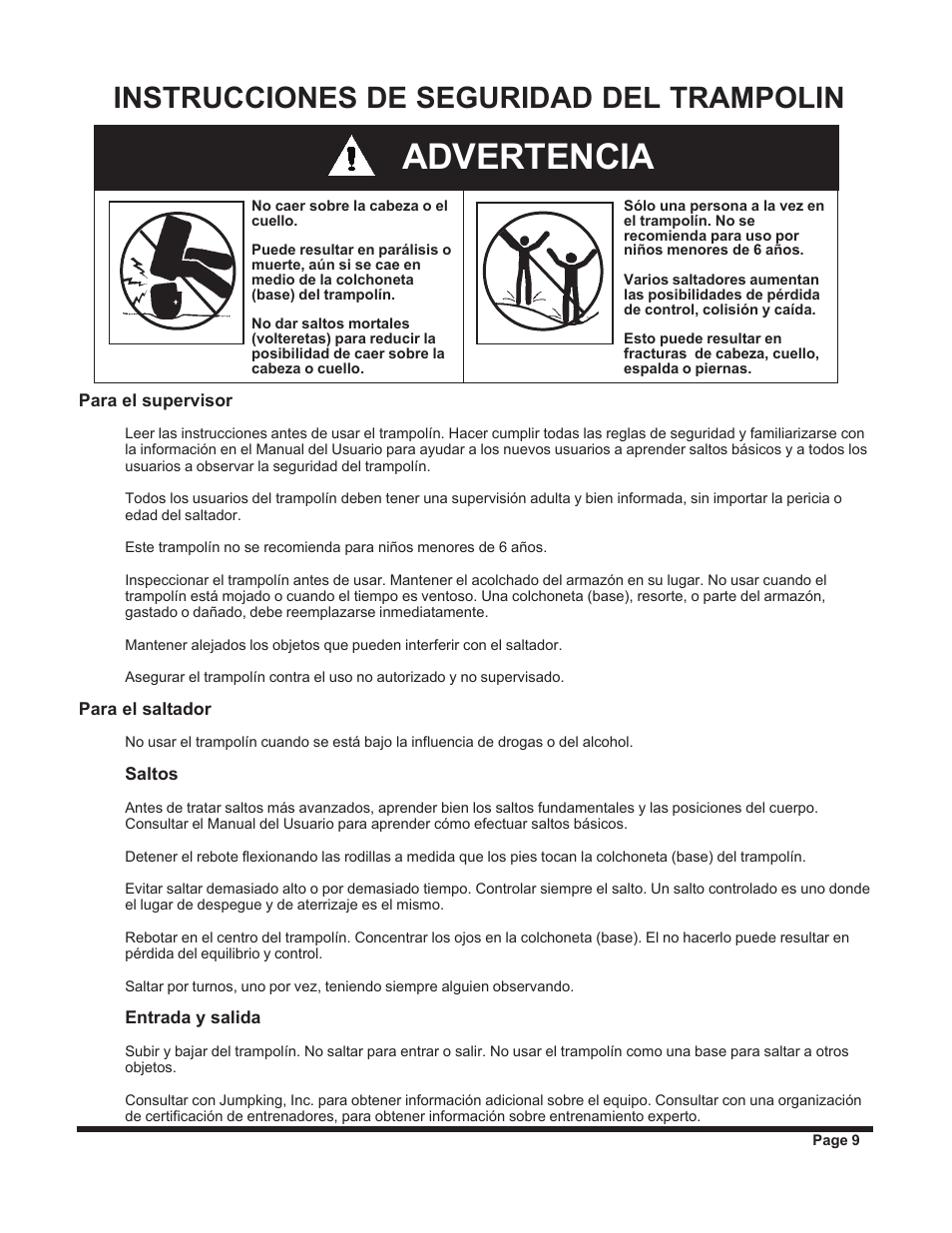 Advertencia, Instrucciones de seguridad del trampolin | Jumpking backyard JKXT12W User Manual | Page 9 / 28
