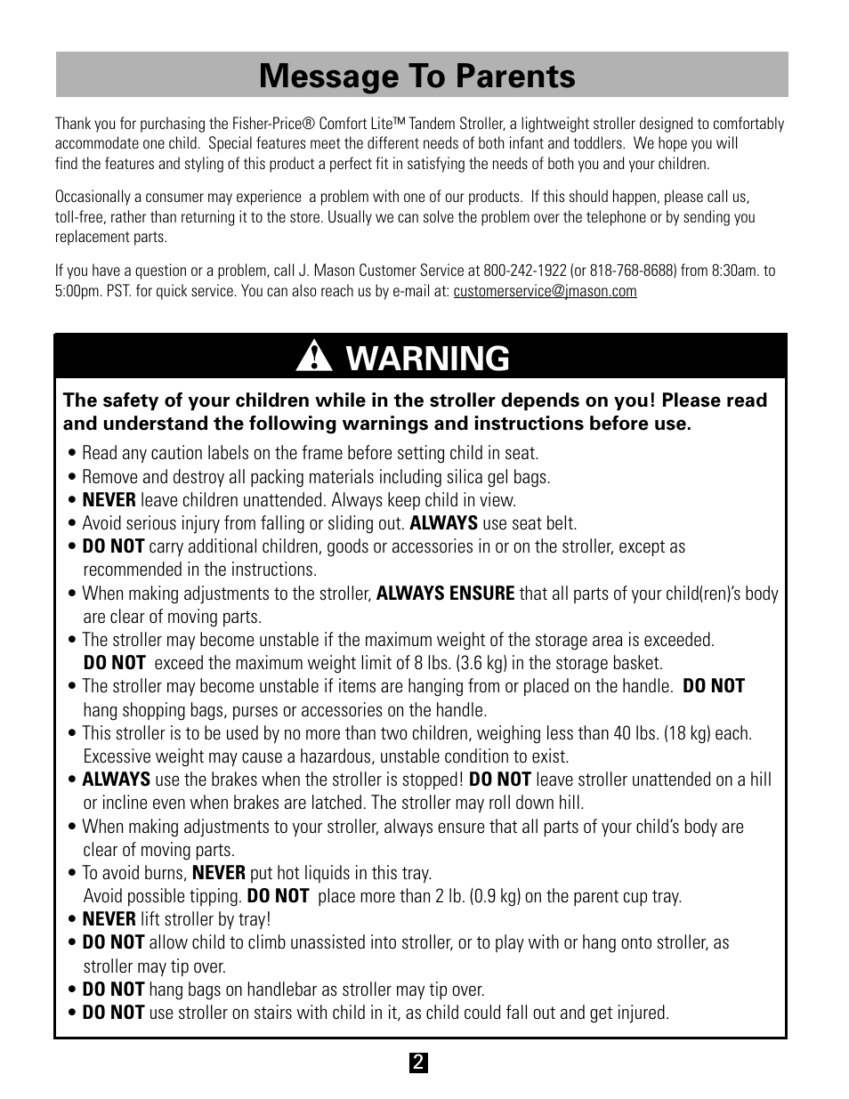 Warning, Message to parents | J. Mason FC3148 User Manual | Page 2 / 8