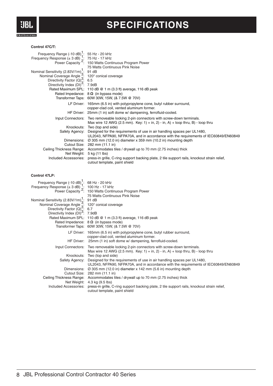 Specifications, 8 jbl professional control contractor 40 series | JBL Professional Control 47C/T User Manual | Page 10 / 12