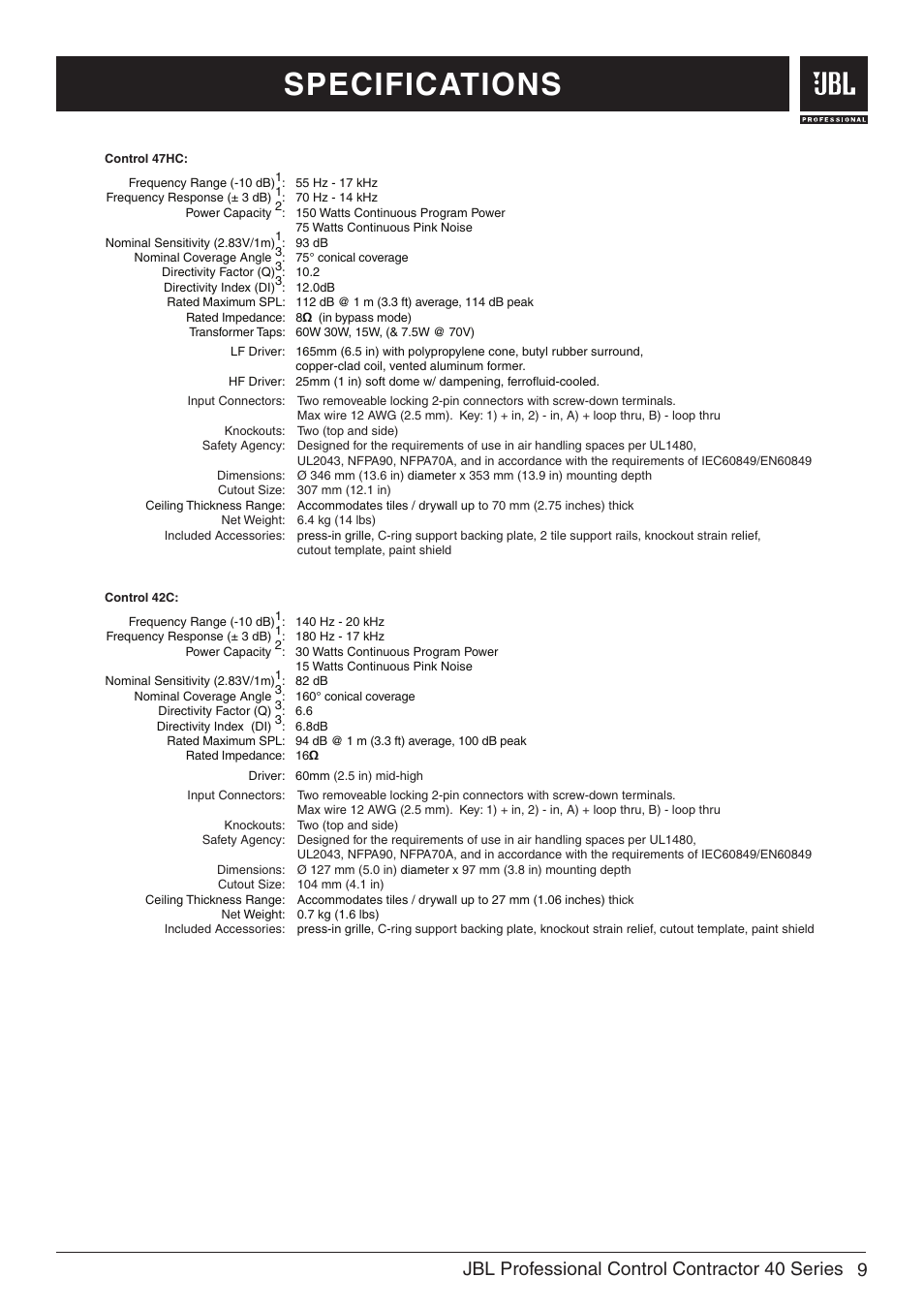 Specifications, 9jbl professional control contractor 40 series | JBL Professional Control 47C/T User Manual | Page 11 / 12