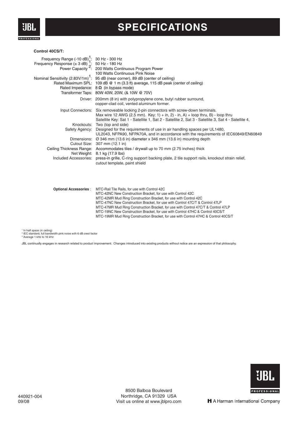 Specifications | JBL Professional Control 47C/T User Manual | Page 12 / 12