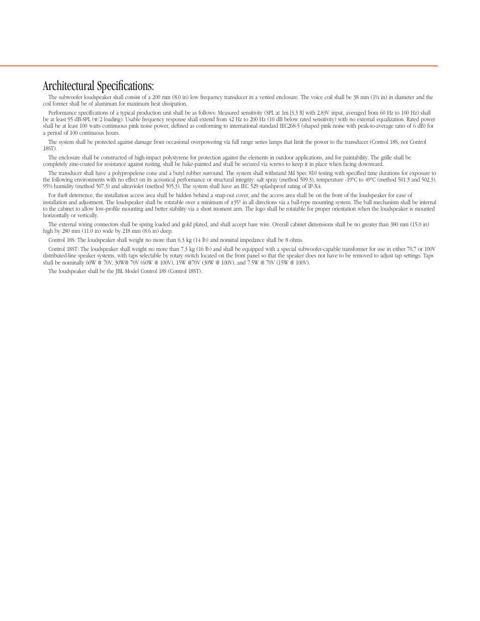 Architectural specifications | JBL Professional Control 18S/ST User Manual | Page 3 / 4