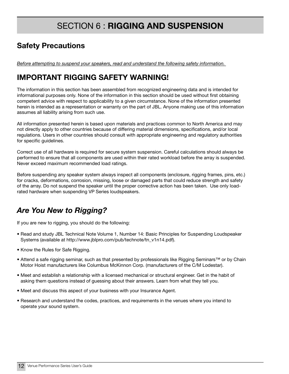 Safety precautions, Important rigging safety warning, Are you new to rigging | JBL Professional DPC-2 User Manual | Page 12 / 28