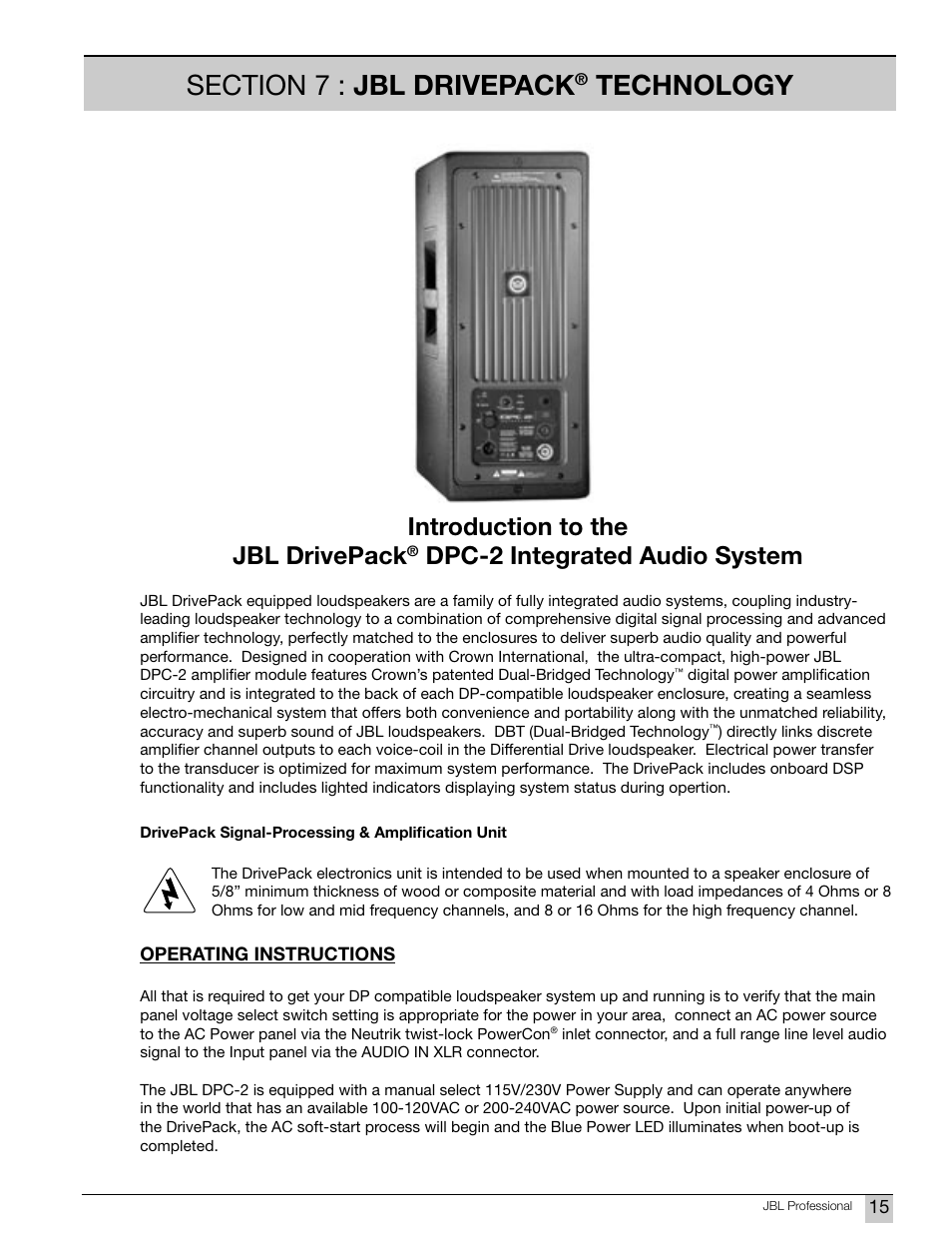 Technology, Introduction to the jbl drivepack, Dpc-2 integrated audio system | JBL Professional DPC-2 User Manual | Page 15 / 28