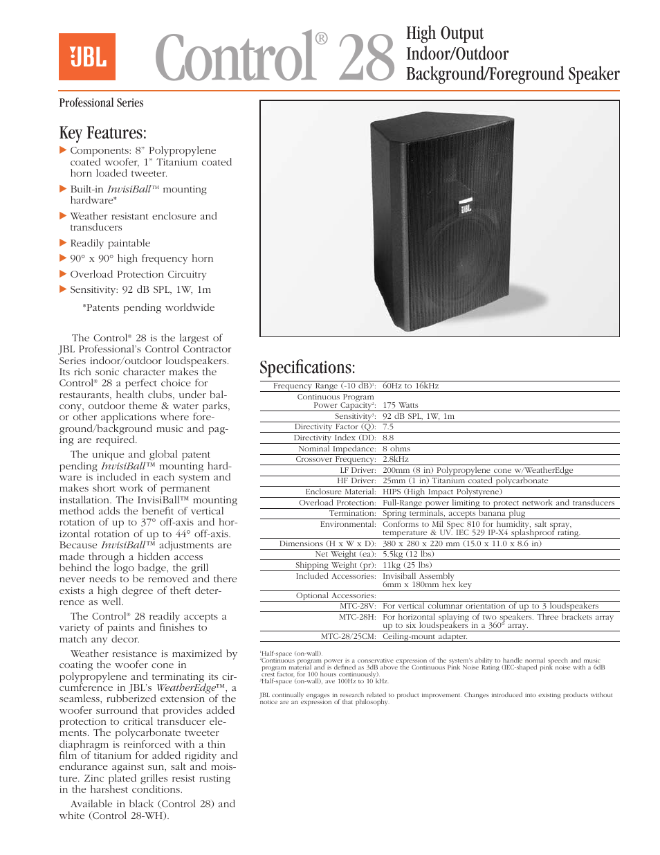 JBL Professional High Output Indoor/Outdoor Background/Foreground Speaker Control 28 User Manual | 4 pages