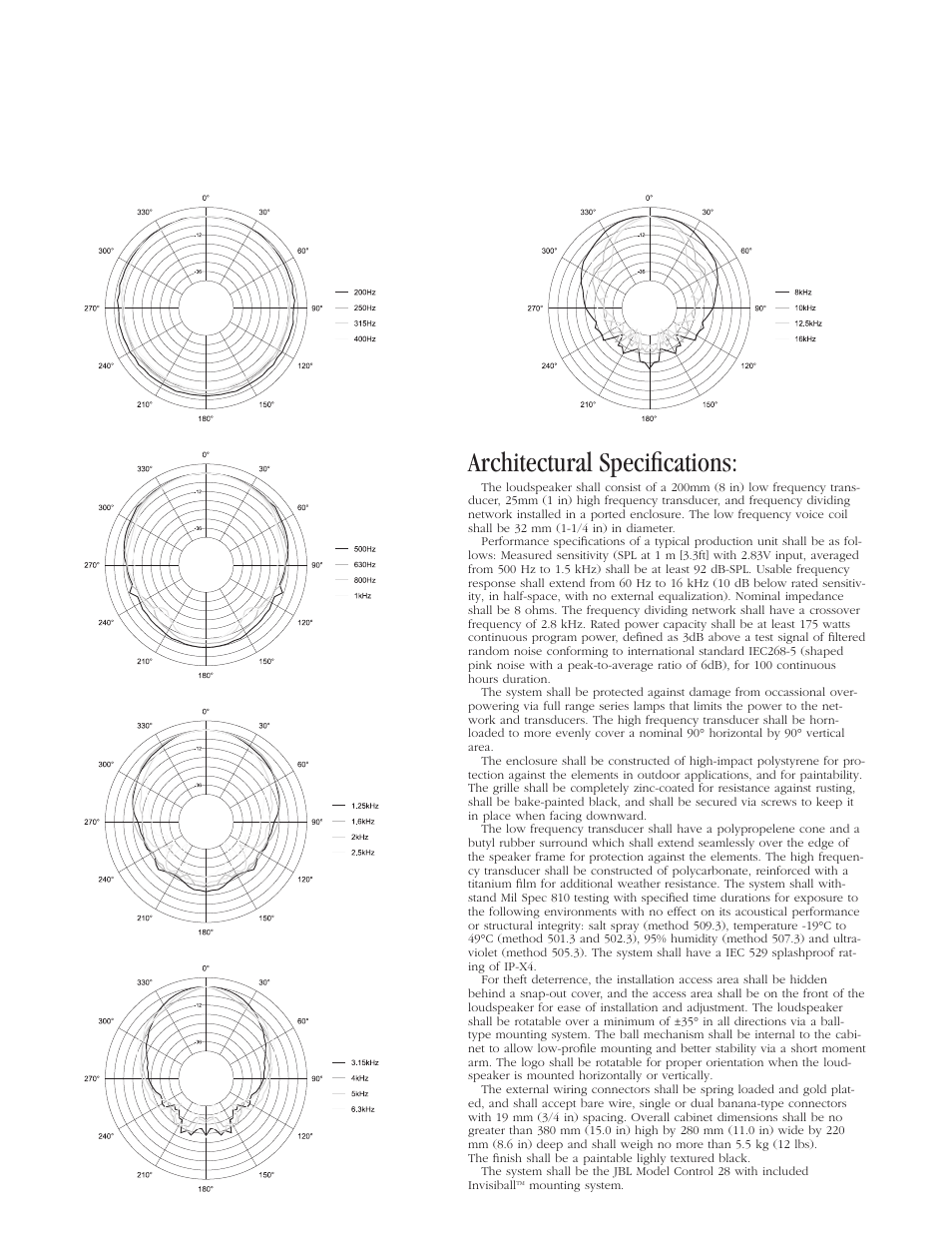 Architectural specifications | JBL Professional High Output Indoor/Outdoor Background/Foreground Speaker Control 28 User Manual | Page 3 / 4