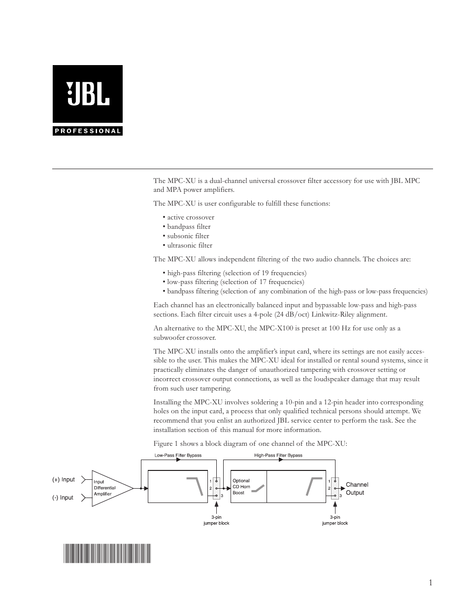 JBL Professional MPC-XU User Manual | 8 pages