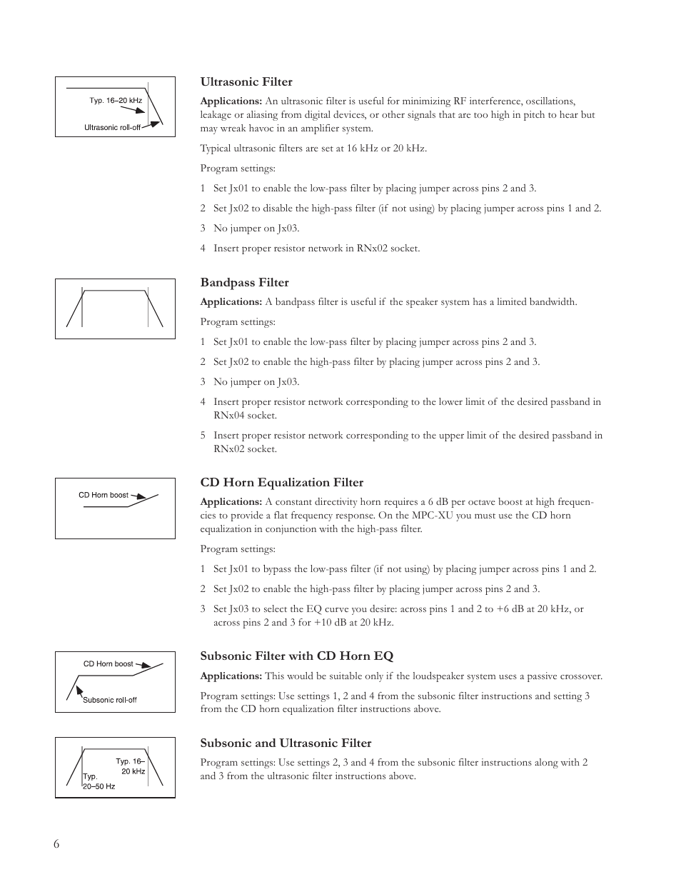 6ultrasonic filter, Bandpass filter, Cd horn equalization filter | Subsonic filter with cd horn eq, Subsonic and ultrasonic filter | JBL Professional MPC-XU User Manual | Page 6 / 8