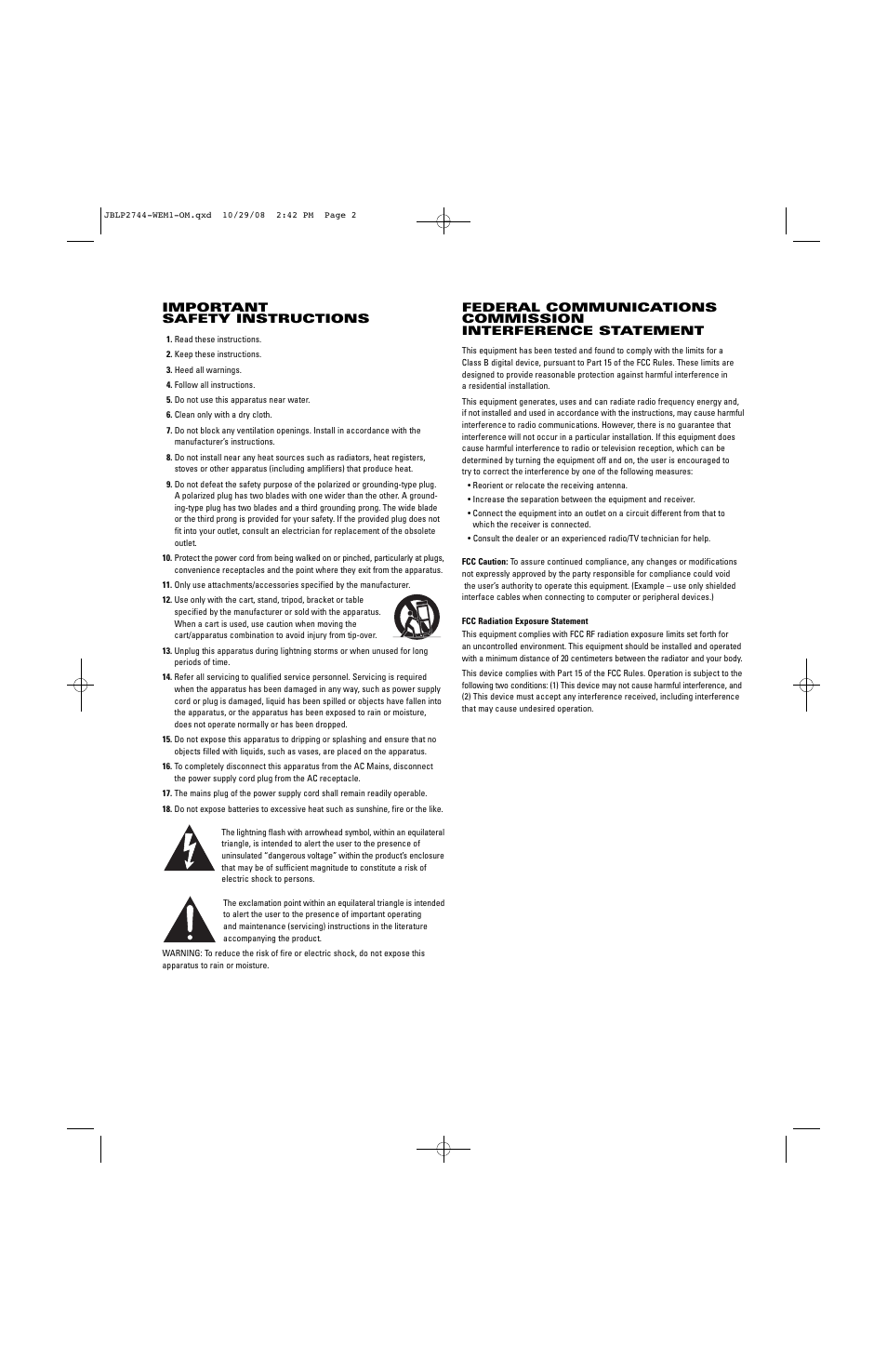 Important safety instructions | JBL Professional WEM-1 User Manual | Page 2 / 8