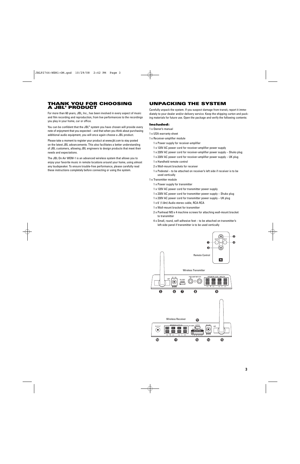 Product, Unpacking the system | JBL Professional WEM-1 User Manual | Page 3 / 8