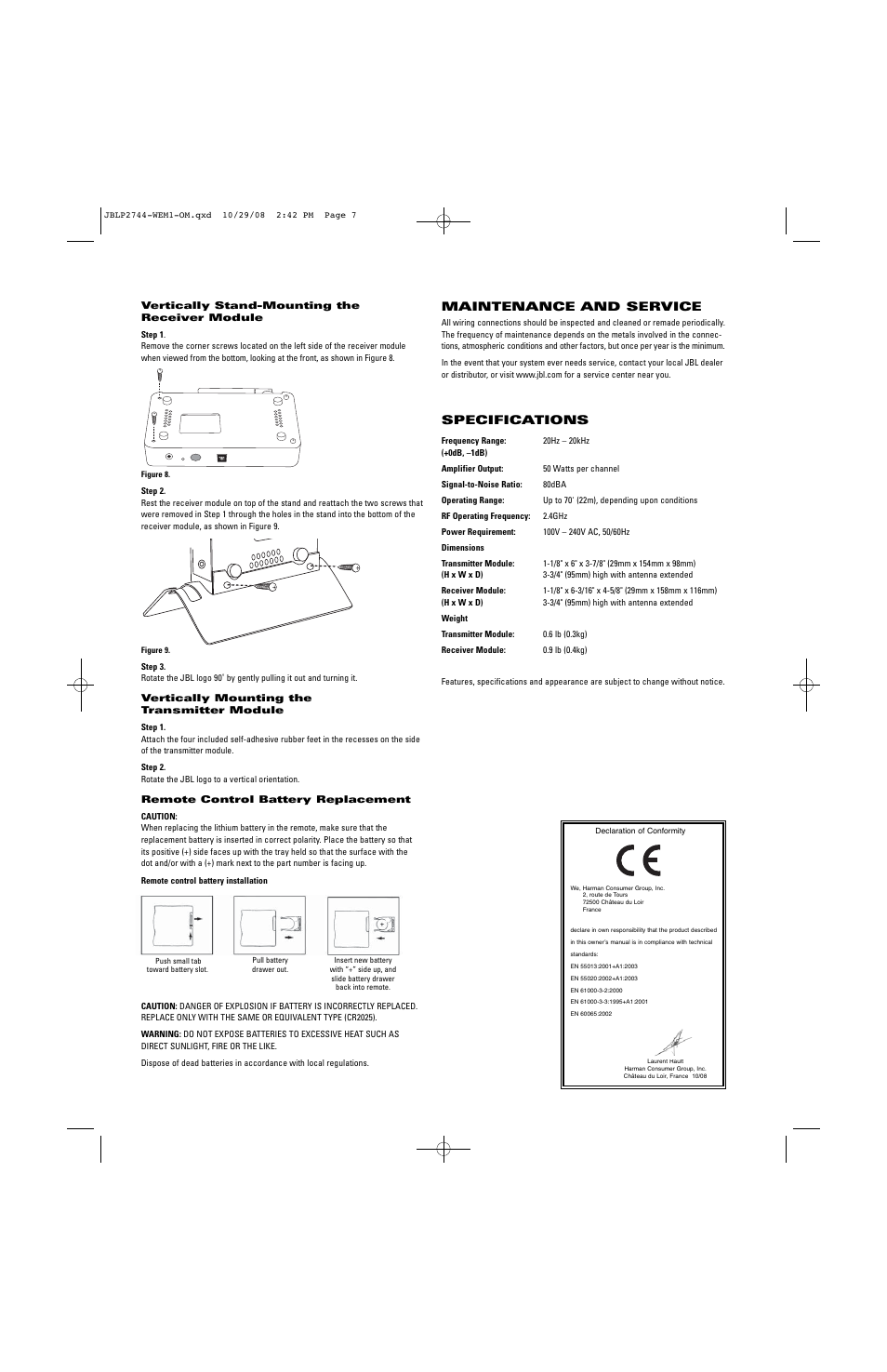 Maintenance and service, Specifications | JBL Professional WEM-1 User Manual | Page 7 / 8