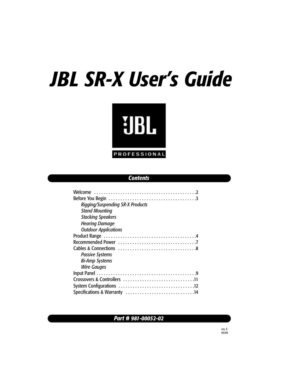 JBL Professional JBL SR-X Speakers 981-00052-02 User Manual | 16 pages