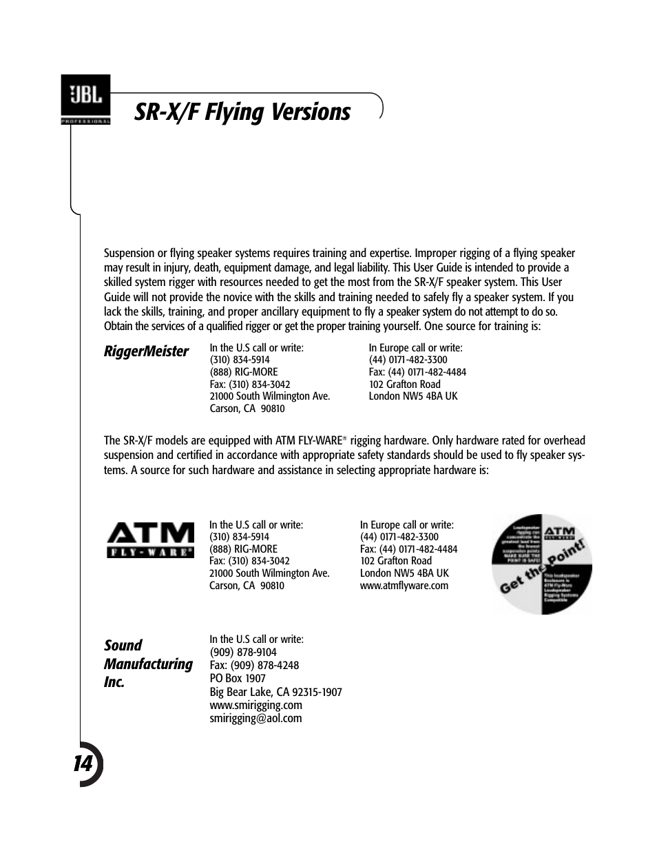 Sr-x/f flying versions | JBL Professional JBL SR-X Speakers 981-00052-02 User Manual | Page 14 / 16