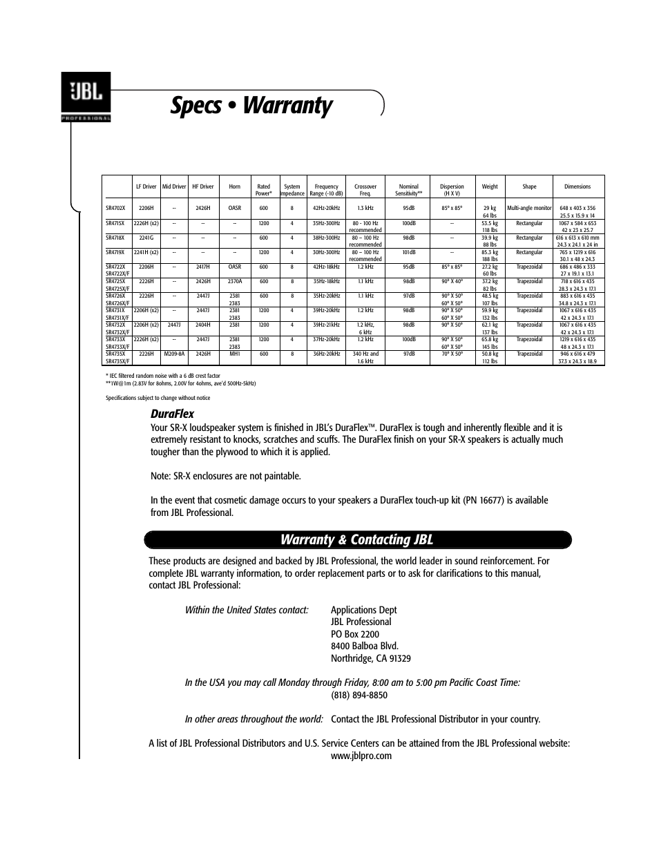 Specs • warranty, Warranty & contacting jbl, Duraflex | JBL Professional JBL SR-X Speakers 981-00052-02 User Manual | Page 16 / 16