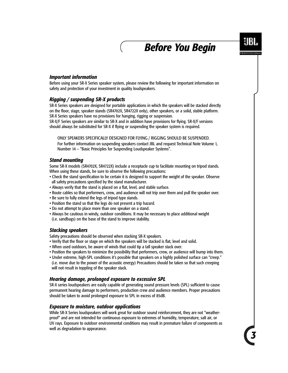 Before you begin 3 | JBL Professional JBL SR-X Speakers 981-00052-02 User Manual | Page 3 / 16