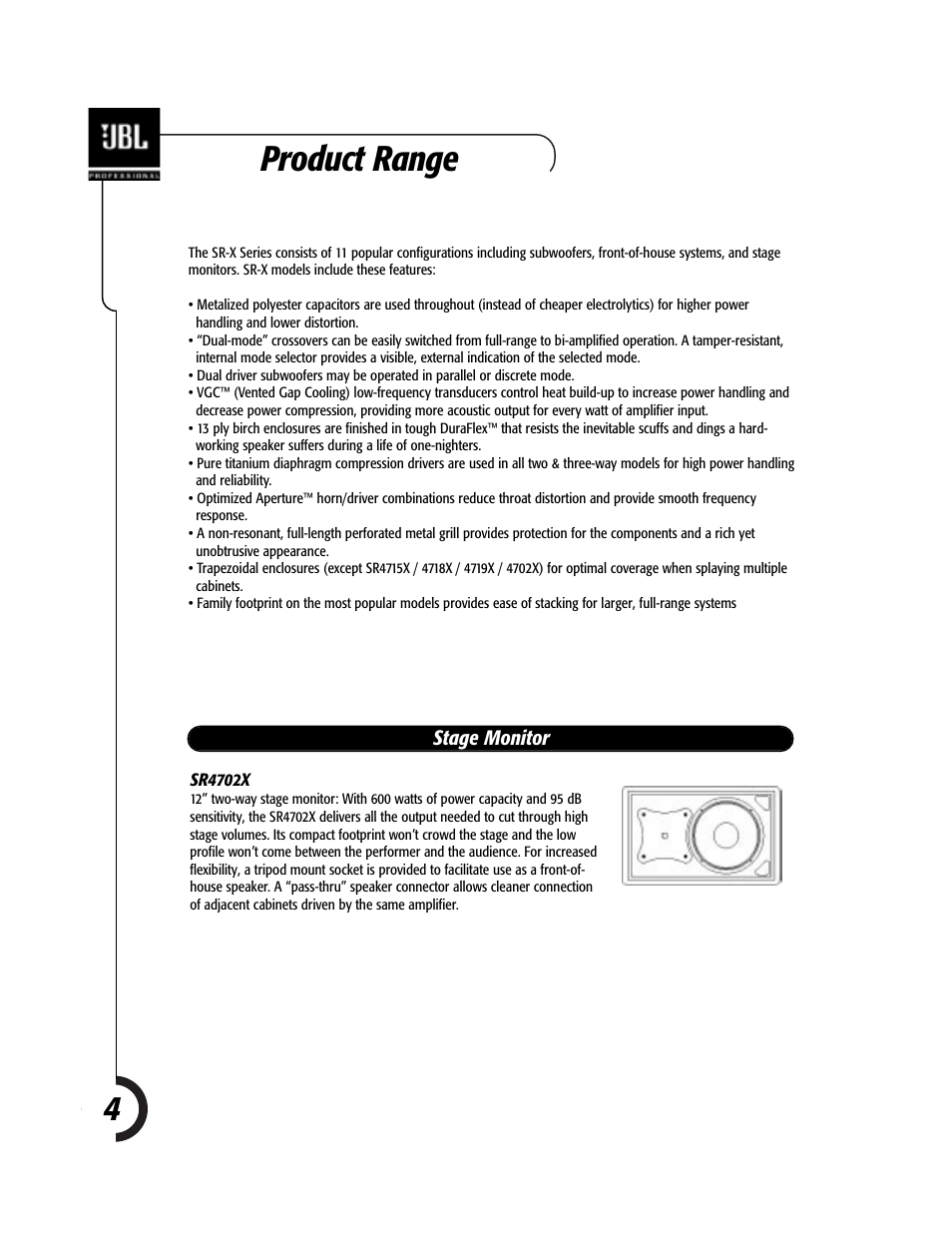 Product range 4, Stage monitor | JBL Professional JBL SR-X Speakers 981-00052-02 User Manual | Page 4 / 16