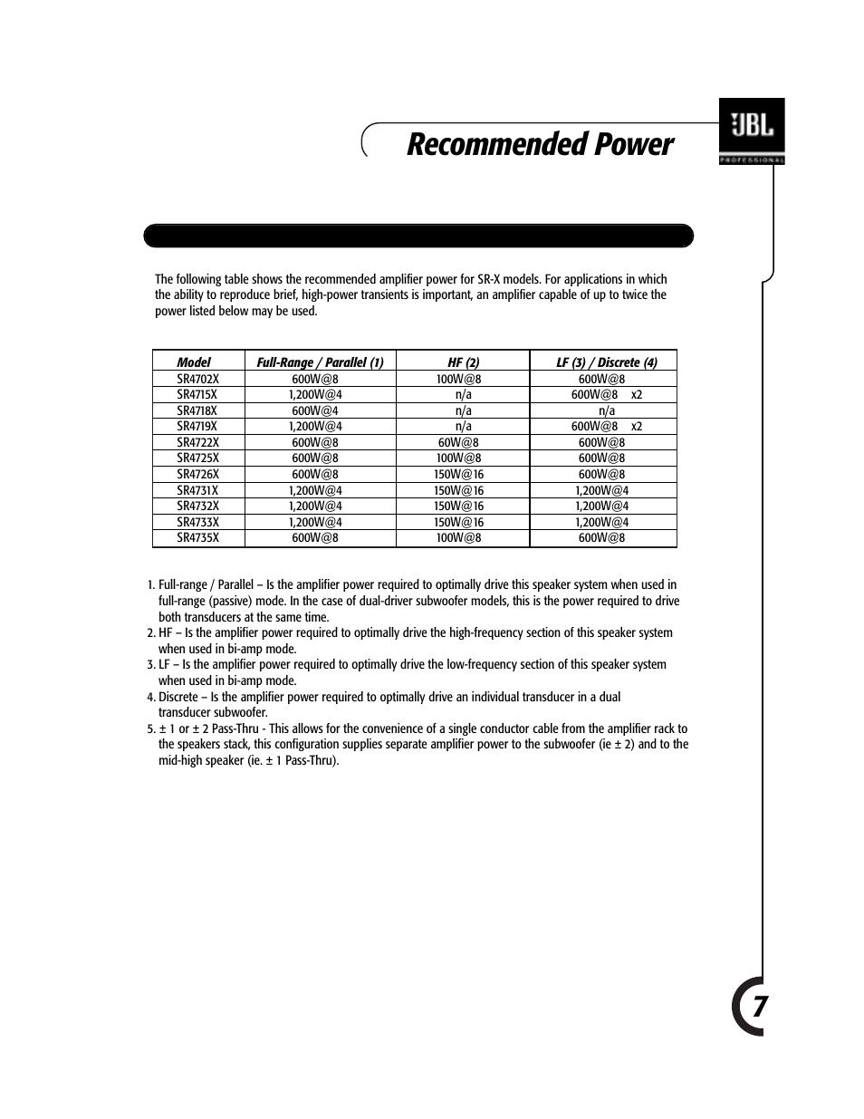 Recommended power 7 | JBL Professional JBL SR-X Speakers 981-00052-02 User Manual | Page 7 / 16