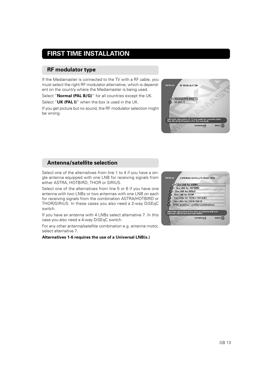 First time installation, Antenna/satellite selection, Rf modulator type | JA Audio 9902S User Manual | Page 13 / 62