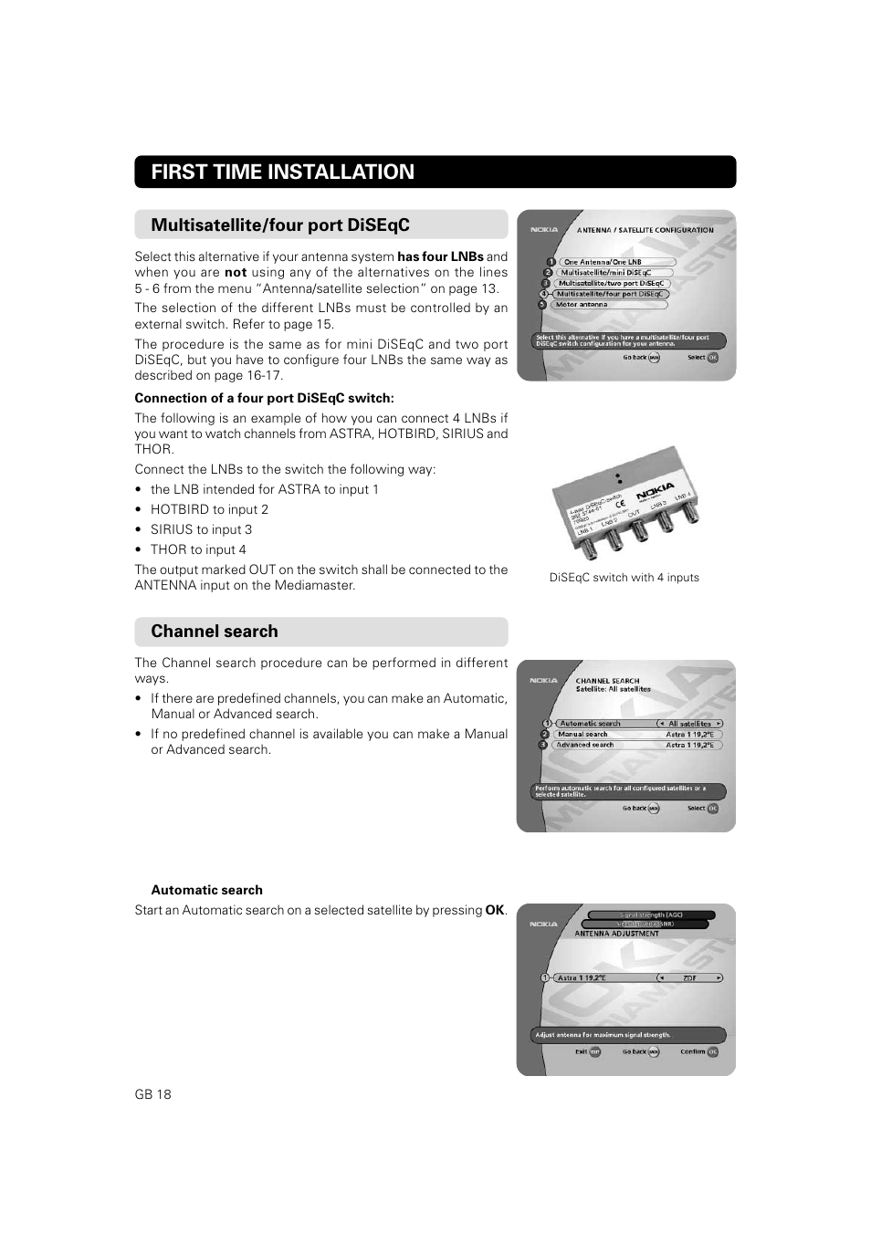 First time installation, Multisatellite/four port diseqc, Channel search | JA Audio 9902S User Manual | Page 18 / 62