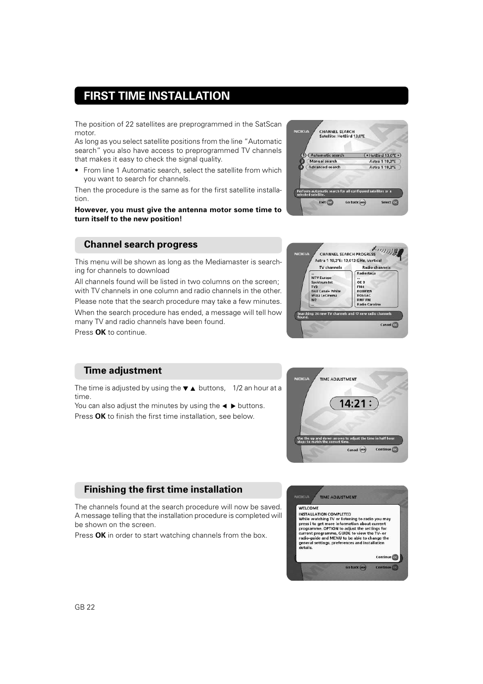 First time installation, Channel search progress, Time adjustment | Finishing the first time installation | JA Audio 9902S User Manual | Page 22 / 62