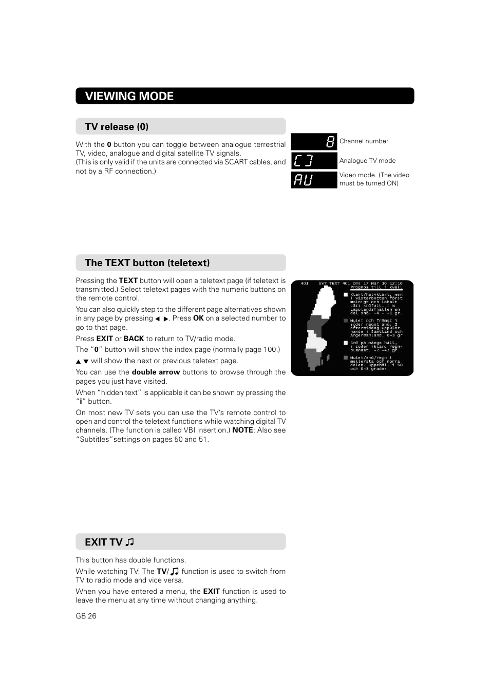 Viewing mode, Tv release (0), The text button (teletext) | Exit tv | JA Audio 9902S User Manual | Page 26 / 62