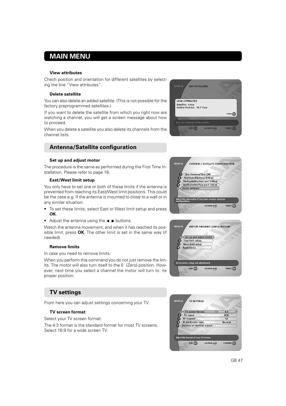 Main menu, Antenna/satellite configuration, Tv settings | JA Audio 9902S User Manual | Page 47 / 62