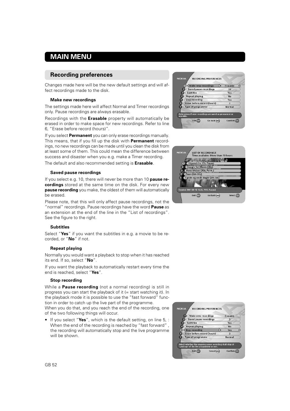 Main menu, Recording preferences | JA Audio 9902S User Manual | Page 52 / 62