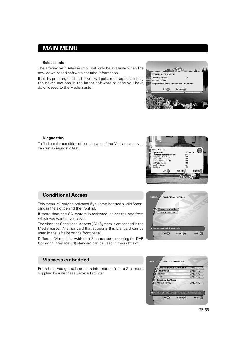 Main menu, Conditional access, Viaccess embedded | JA Audio 9902S User Manual | Page 55 / 62