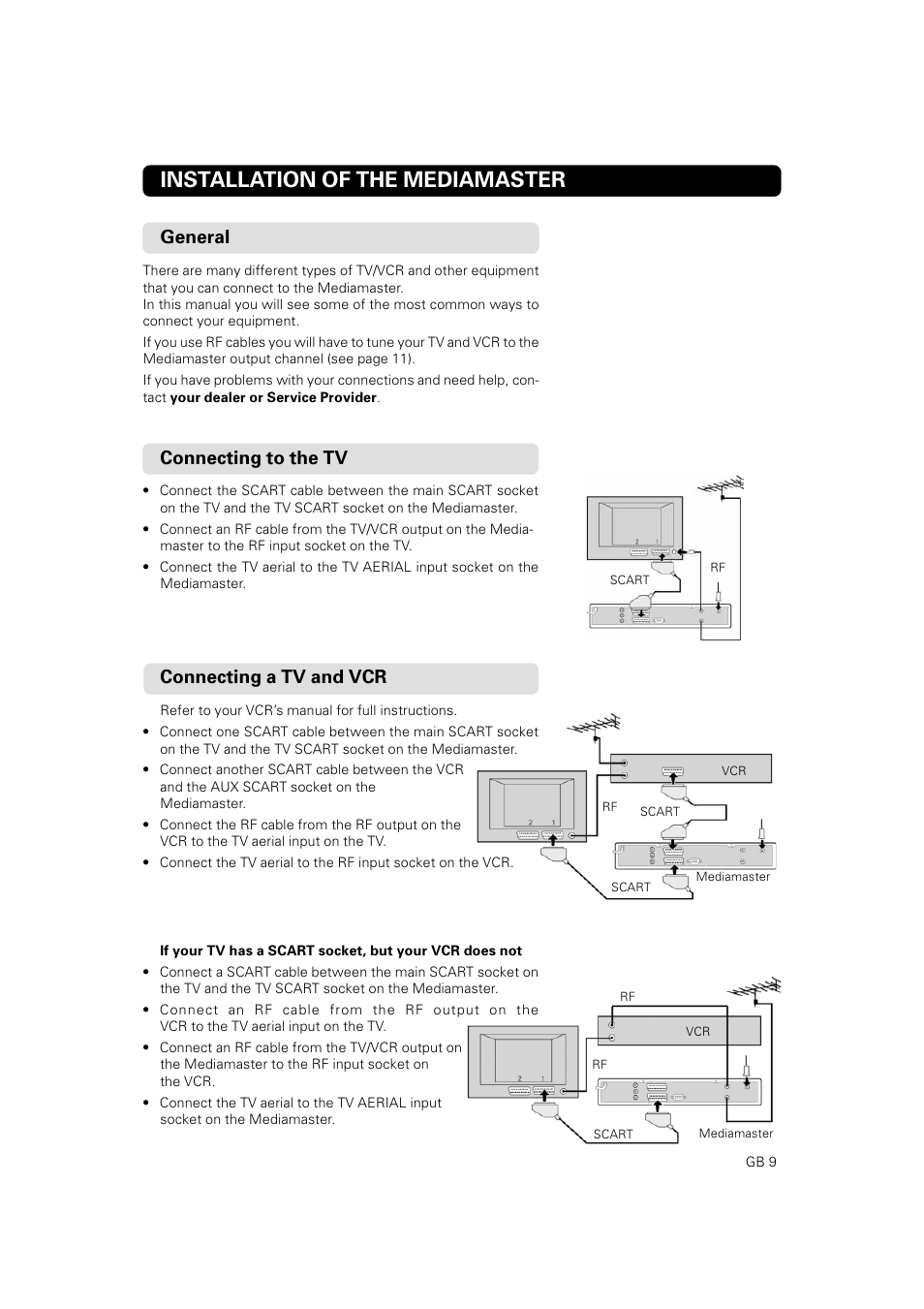 Installation of the mediamaster, Connecting to the tv, General | Connecting a tv and vcr | JA Audio 9902S User Manual | Page 9 / 62