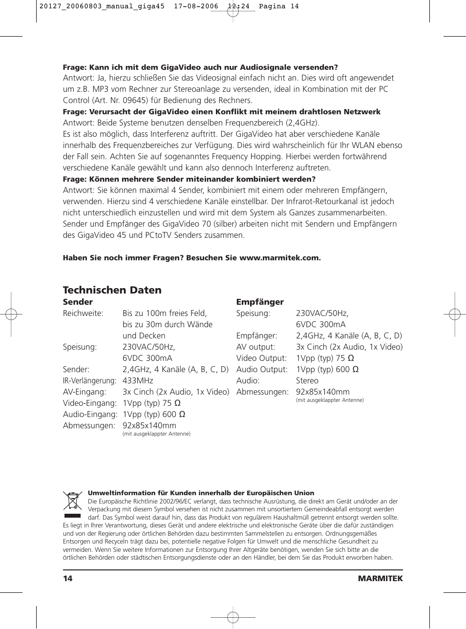 Technischen daten | JA Audio 45 User Manual | Page 14 / 42