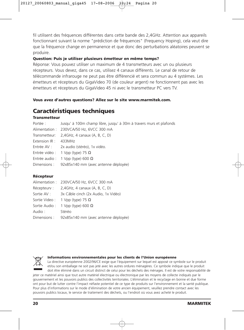 Caractéristiques techniques | JA Audio 45 User Manual | Page 20 / 42