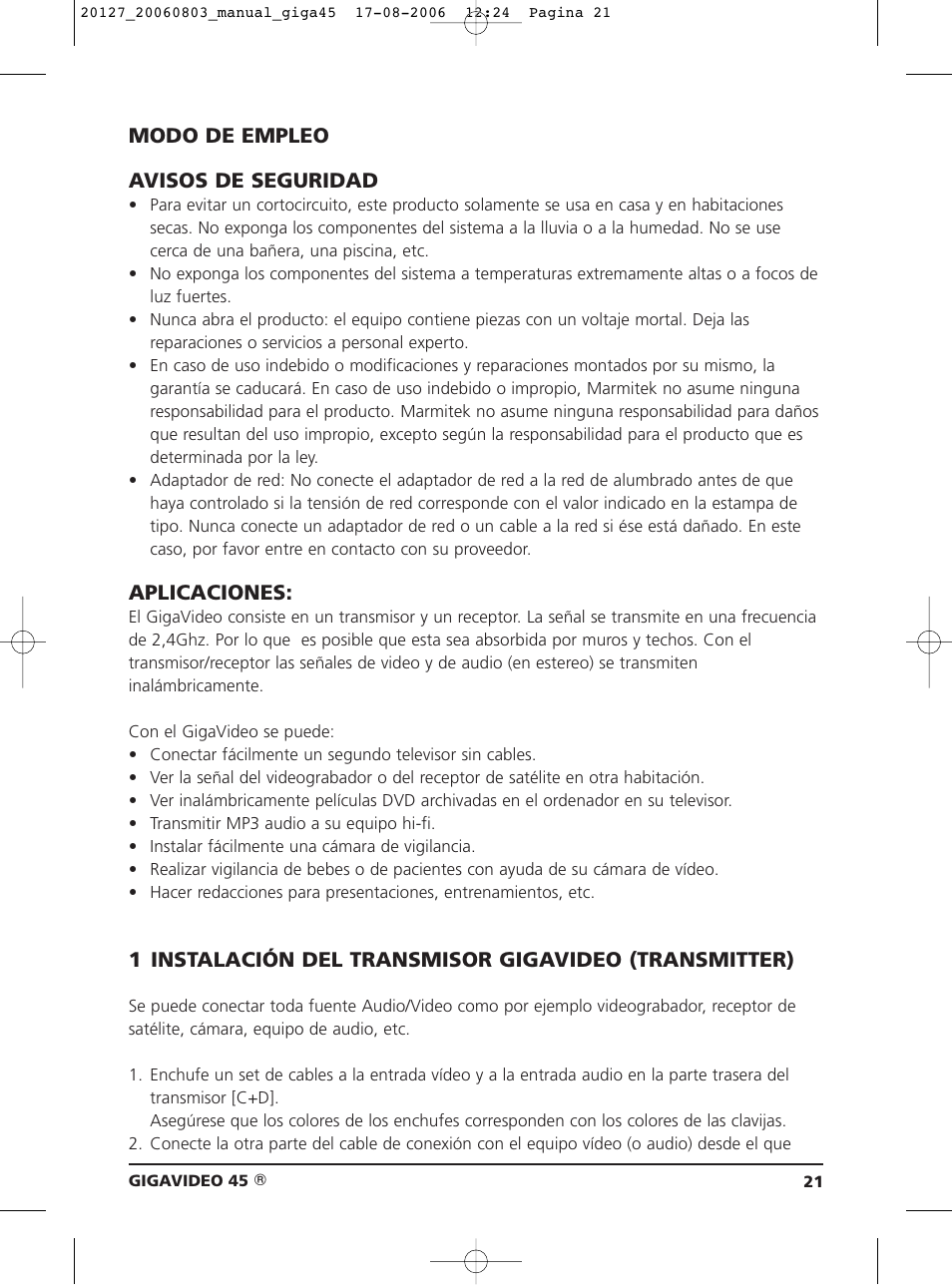 Modo de empleo avisos de seguridad, Aplicaciones | JA Audio 45 User Manual | Page 21 / 42