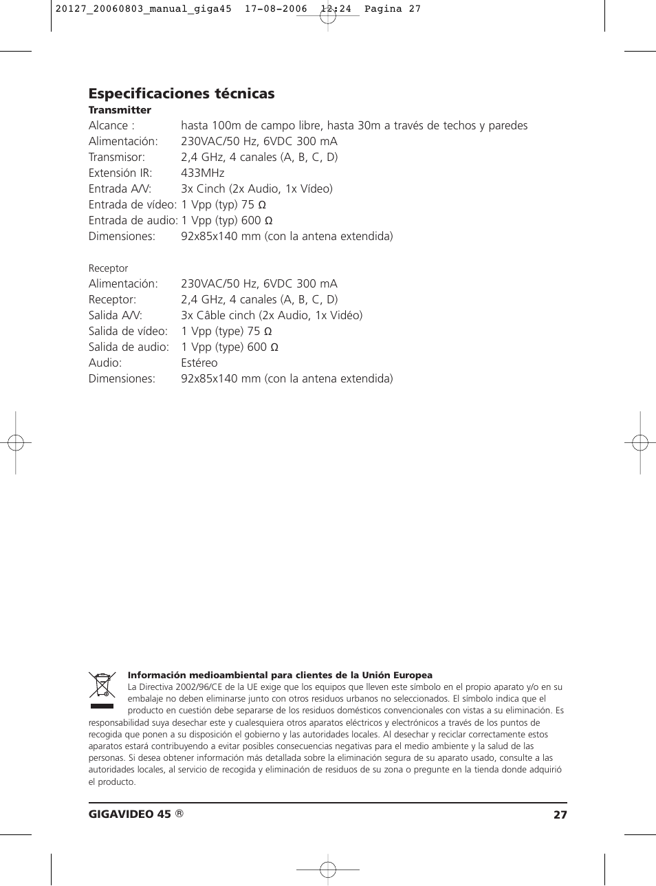 Especificaciones técnicas | JA Audio 45 User Manual | Page 27 / 42